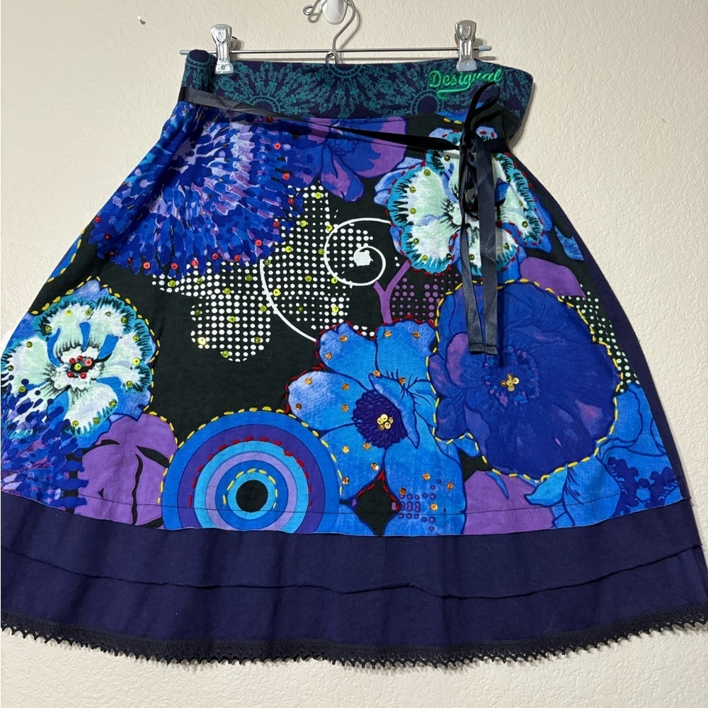 Desigual A-Line Blue Knit Skirt - Blue and Purple Floral w Sequins/Cross-stitch.